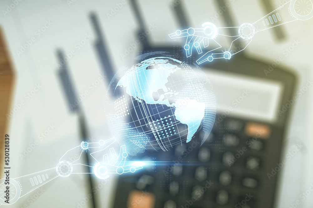Aufkleber double exposure of abstract virtual robotics technology with world map hologram on blurry calculator