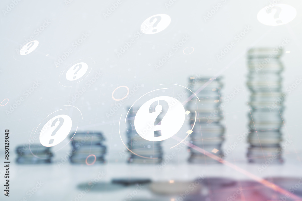 Aufkleber Abstract virtual question mark illustration on stacks of coins background. FAQ and search concept. Multiexposure