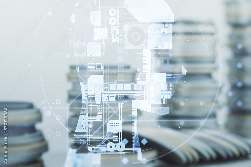 Poster double exposure of creative artificial intelligence hologram on growing stacks of coins background. 