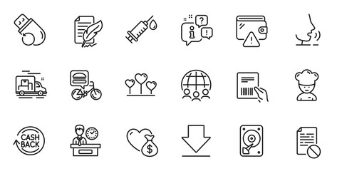Outline set of Food delivery, Flash memory and Parcel invoice line icons for web application. Talk, information, delivery truck outline icon. Vector