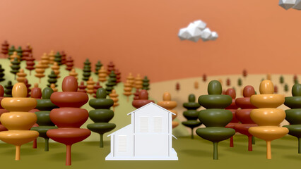 Graphic 3D rendering of house in the wood of autumn season with orange sky.