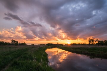 sunset over the Krzna river in Poland