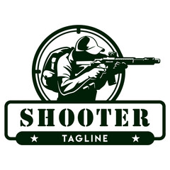 shooter with gun in the scope frame, vector, logo, cartoon, mascot, character, illustration