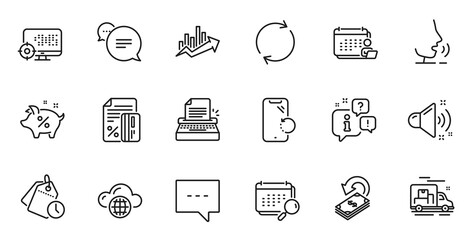 Outline set of Time management, Accounting and Growth chart line icons for web application. Talk, information, delivery truck outline icon. Include Seo, Loud sound, Full rotation icons. Vector