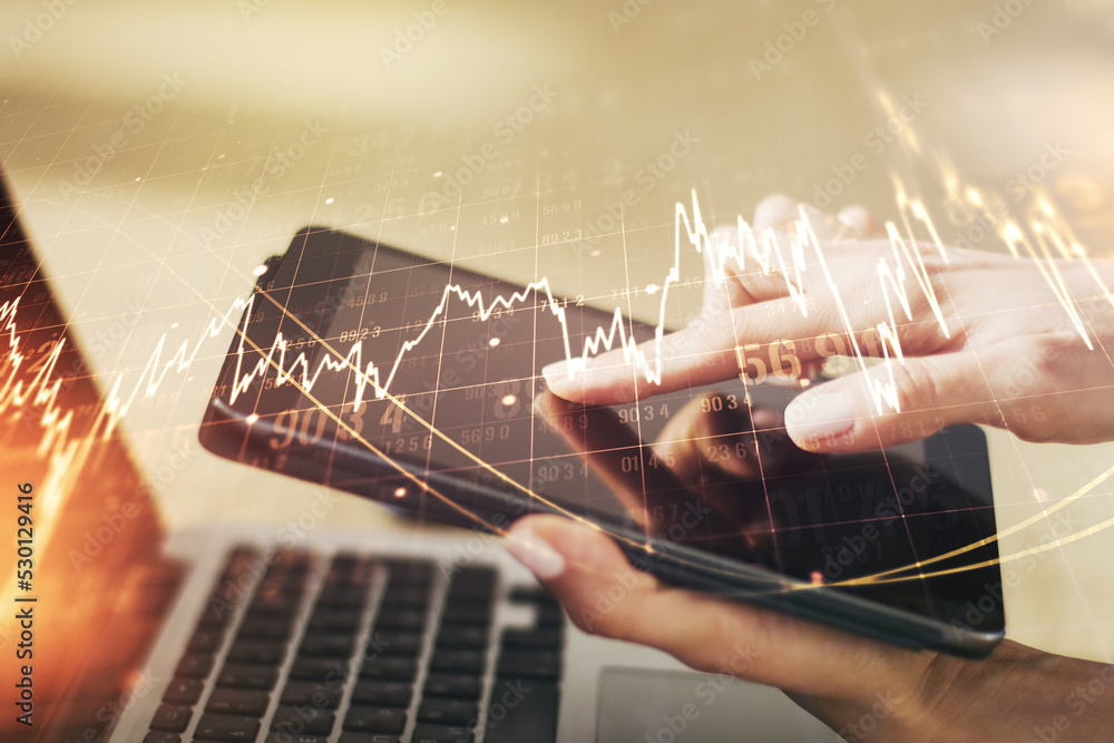 Poster multi exposure of abstract creative financial chart with finger presses on a digital tablet on backg