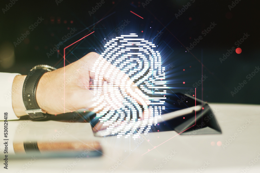 Aufkleber multi exposure of creative fingerprint hologram with finger presses on a digital tablet on backgroun