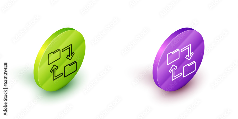 Poster isometric line cloud storage text document folder icon isolated on white background. green and purpl