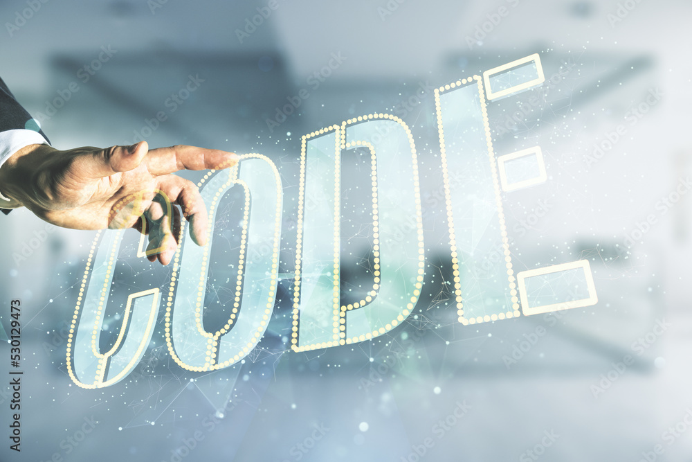 Aufkleber man hand presses on code word hologram on blurred office background, international software developm
