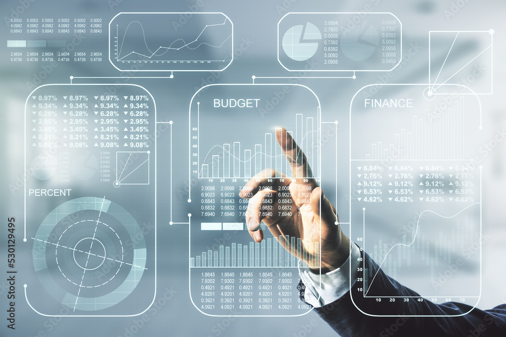 Poster man hand clicks on abstract virtual analytics data spreadsheet on blurred office background, analyti