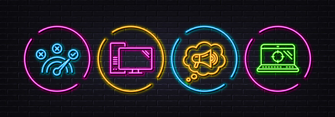 Megaphone, Correct answer and Computer minimal line icons. Neon laser 3d lights. Seo laptop icons. For web, application, printing. Brand message, Speed symbol, Pc component. Search engine. Vector