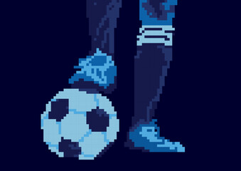 Football Soccer Player and Ball in Pixel Vector Illustration with Blue Background