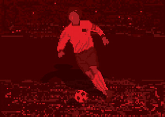 Football Soccer Player Kicking a Ball in Pixel Vector Illustration with Red Background