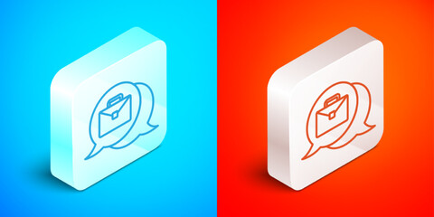 Isometric line Online working icon isolated on blue and red background. Freelancer man working on laptop at his house. Remote work. Distant job concept. Silver square button. Vector