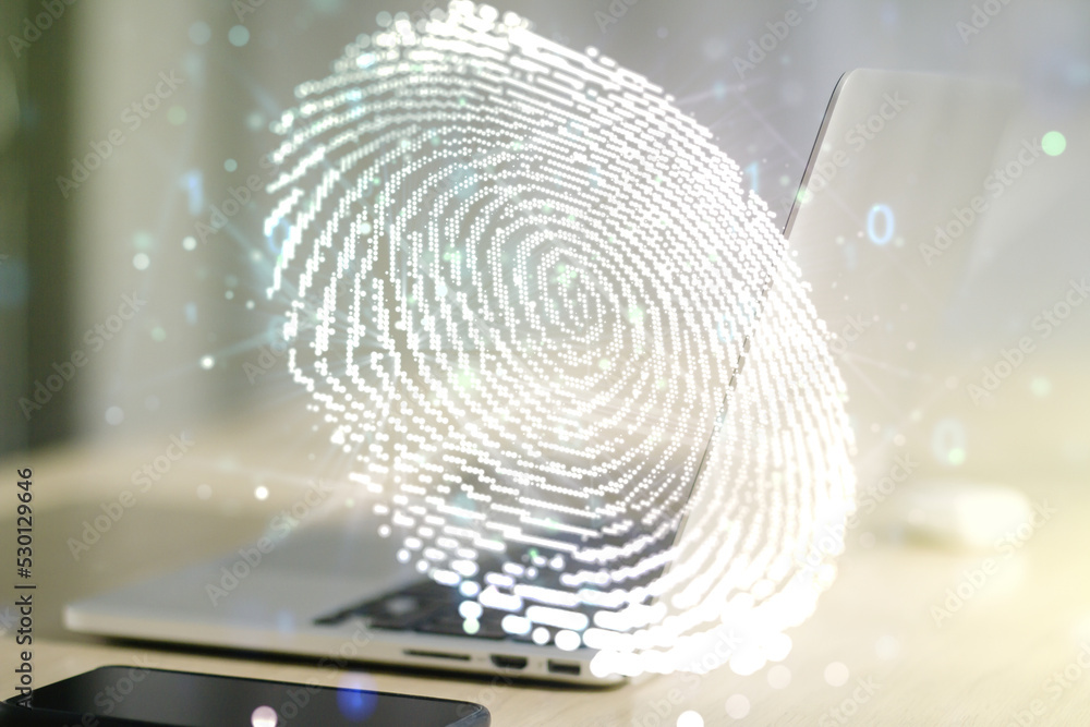 Poster multi exposure of abstract graphic fingerprint sketch on modern computer background, fingerprint sca