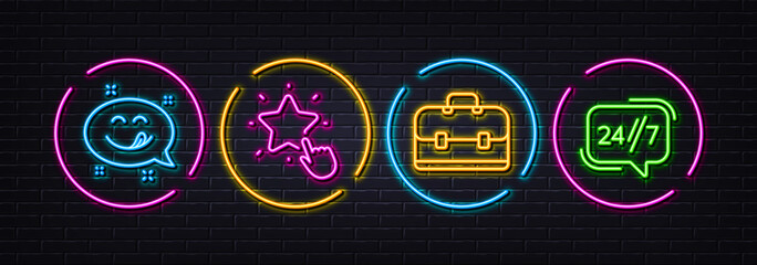 Ranking star, Yummy smile and Portfolio minimal line icons. Neon laser 3d lights. 24h service icons. For web, application, printing. Click rank, Emoticon, Business case. Call support. Vector