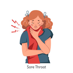 A red-haired woman in a warm scarf holds a sore throat. Vector illustration