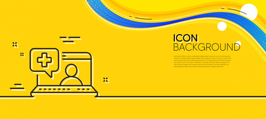 Obraz na płótnie Canvas Medicine laptop line icon. Abstract yellow background. Online medical help sign. Minimal medical help line icon. Wave banner concept. Vector