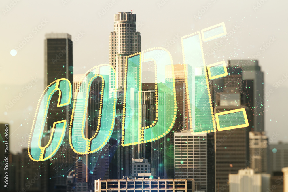 Poster code word hologram on los angeles skyscrapers background, artificial intelligence and neural network