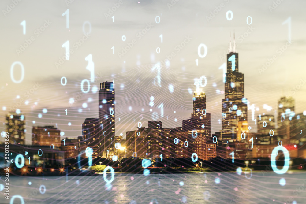 Aufkleber Abstract virtual binary code hologram on Chicago cityscape background, AI and machine learning concept. Multiexposure