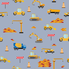 Cute childish seamless pattern with yellow car dump truck, crane, concrete mixer. Construction site illustration in cartoon style