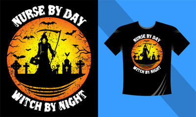 Nurse by day Witch by night - Best Halloween T-Shirt Design Template. Pumpkin, Night, Moon, Witch, Mask. Night background T-Shirt for print.