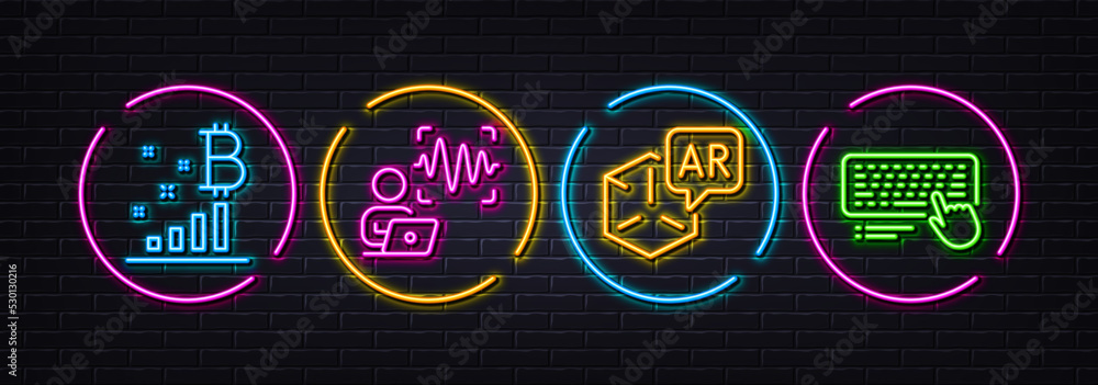 Poster augmented reality, bitcoin graph and voice wave minimal line icons. neon laser 3d lights. computer k