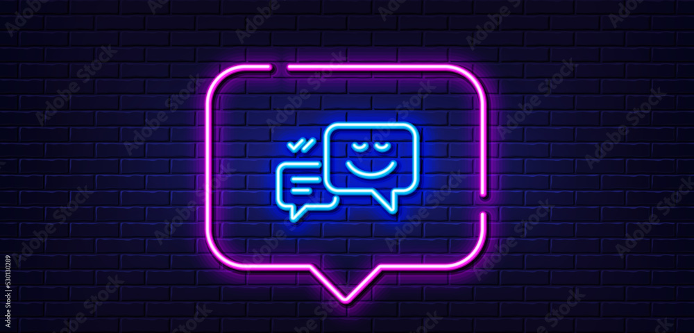 Poster neon light speech bubble. message speech bubbles with smile line icon. chat emotion sign. neon light