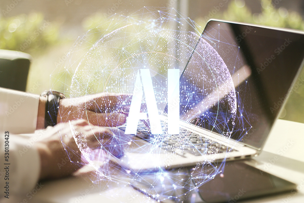 Poster creative artificial intelligence symbol concept with hands typing on computer keyboard on background