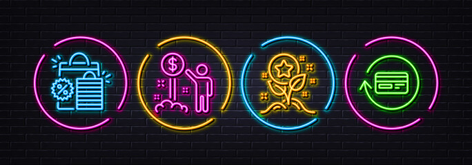 Shopping bags, Income money and Loyalty points minimal line icons. Neon laser 3d lights. Refund commission icons. For web, application, printing. Sale discount, Wealth, Bonus grows. Vector