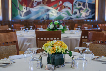 Art Deco interior design style furniture, carpets and paneling onboard classic ocean liner cruiseship cruise ship main dining room restaurant