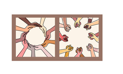 The concept of Inclusion, Diversity and Equity. Multinational hands form a circle.