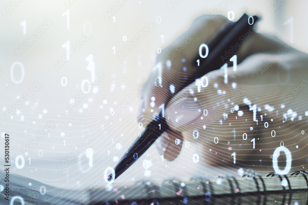 Poster creative abstract binary code sketch and woman hand writing in notepad on background, hacking and ma