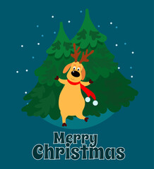 A deer in a red scarf is dancing on the background of the Christmas trees and the text Merry Christmas. Christmas scene for postcard in cartoon flat style.