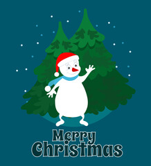 Fototapeta na wymiar Funny snowman in a red scarf waves hello near the Christmas trees. Merry Christmas text. Christmas scene for postcard in cartoon flat style.