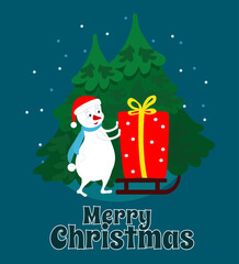Fototapeta na wymiar Little cute snowman is carrying a huge gift on a sleigh. Merry Christmas text. Christmas scene for postcard in cartoon flat style.
