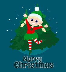 The elf girl is dressed in a traditional costume against the background of green fir trees. Merry Christmas text. Christmas scene for postcard in cartoon flat style.