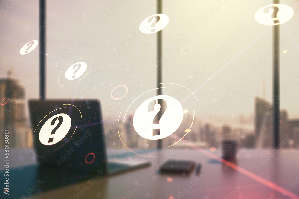 Aufkleber creative abstract question mark sketch and modern desk with computer on background, faq and research