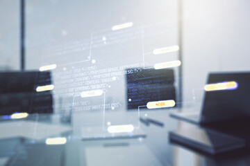 Multi exposure of abstract software development hologram and modern desktop with laptop on background, research and analytics concept