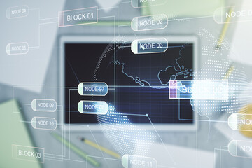 Double exposure of abstract programming language hologram with world map and digital tablet on background, top view, research and development concept
