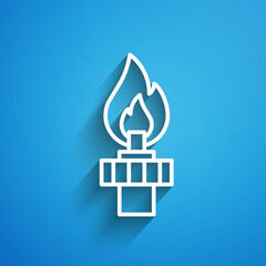White line Oil rig with fire icon isolated on blue background. Gas tower. Industrial object. Long shadow. Vector