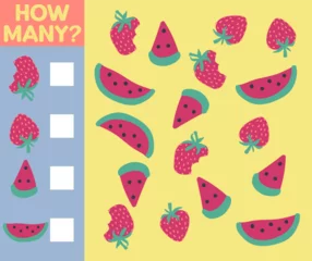 Raamstickers How many are they game. Educational printable math worksheet. Count the fruits in the picture and write the result. © MichiruKayo