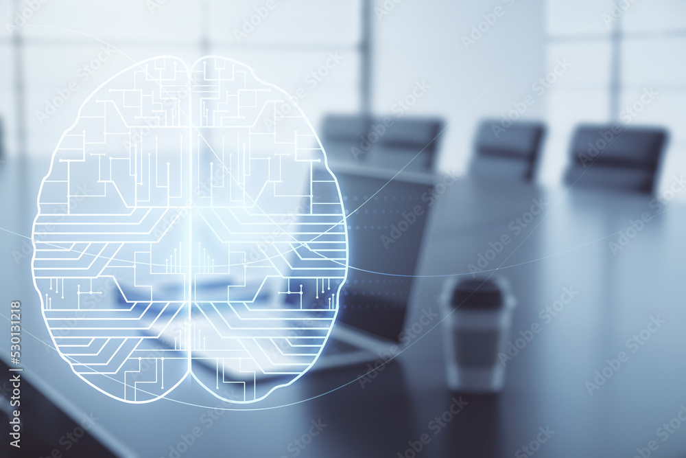Poster double exposure of creative human brain microcircuit with computer on background. future technology 