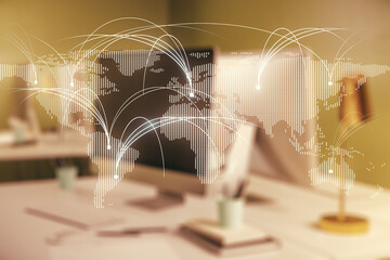 Double exposure of abstract digital world map with connections on laptop background, research and strategy concept