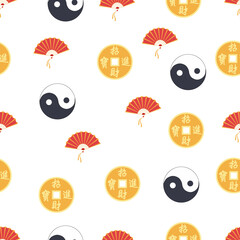 Chinese seamless pattern with feng shui chinese coin with hole, yin-yang, fan, paper lantern