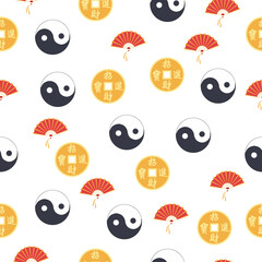 Chinese seamless pattern with feng shui chinese coin with hole, yin-yang, fan, paper lantern