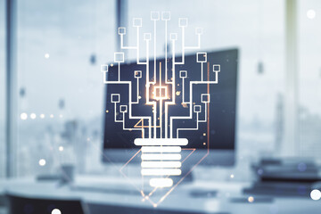 Double exposure of creative light bulb hologram with chip on laptop background, idea and brainstorming concept