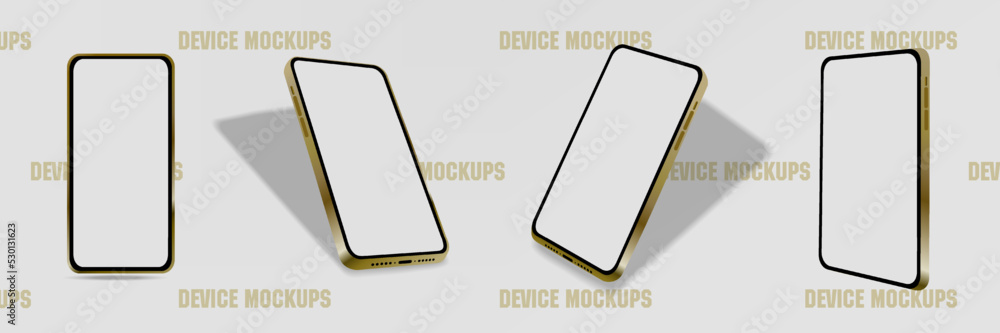 Poster golden stylish realistic smartphone without frame with blank white screen. mockup for visual present
