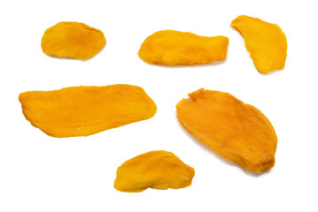 Naklejka premium Dry tasty mango slices isolated on a white background.