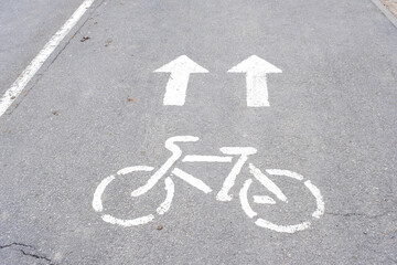 Obraz premium Road markings of a bicycle path in a park on a riding lane. A sidewalk for pedestrians and a lane for cyclists. Rules of road safety, active recreation area