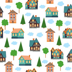 Seamless pattern of different colorful houses.